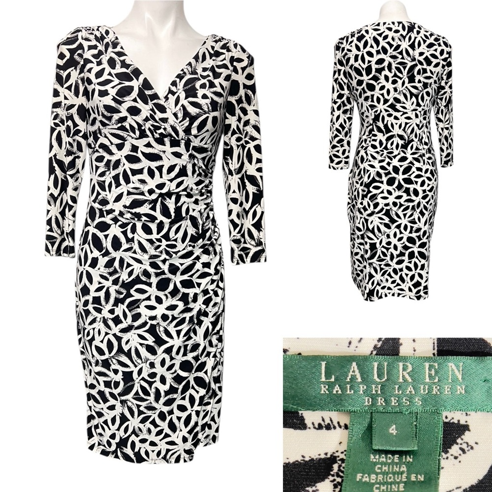 Lauren Ralph Lauren dress sz 4 Monochrome black/white‎ 3/4 slv geometric print